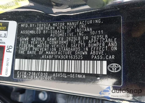 2012 Toyota Camry Le z USA, uszkodzony, nr VIN 4T4BF1FK9CR163525